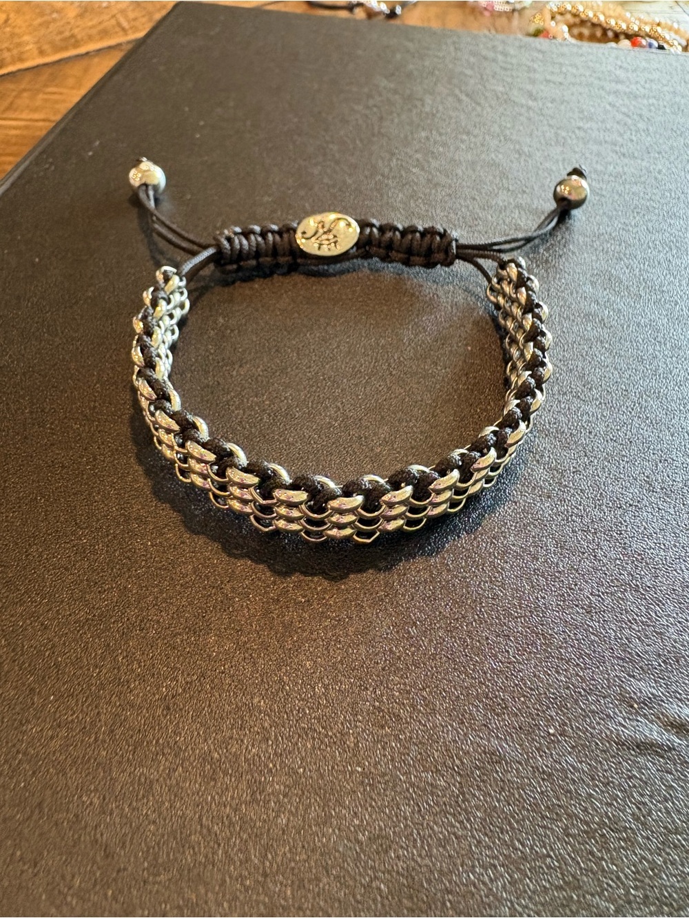 Braided Silver-Tone Chain Bracelet with Black Cord